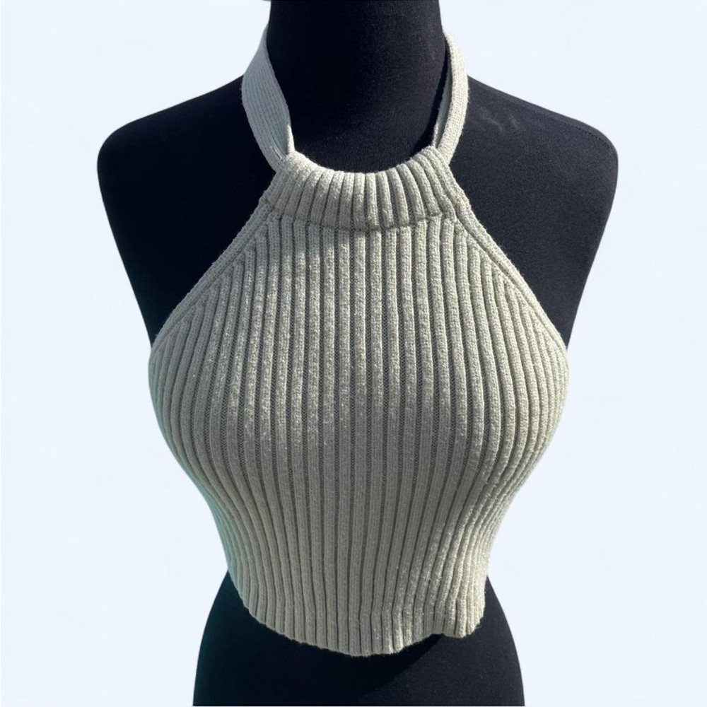 ACOA Ribbed Knit Halter Top in Sage Green - Small